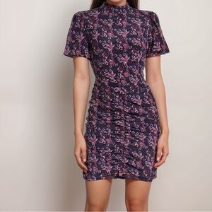 Floral Turtleneck Purple Midi Ruched Mermaid Bubble Sleeve Dress